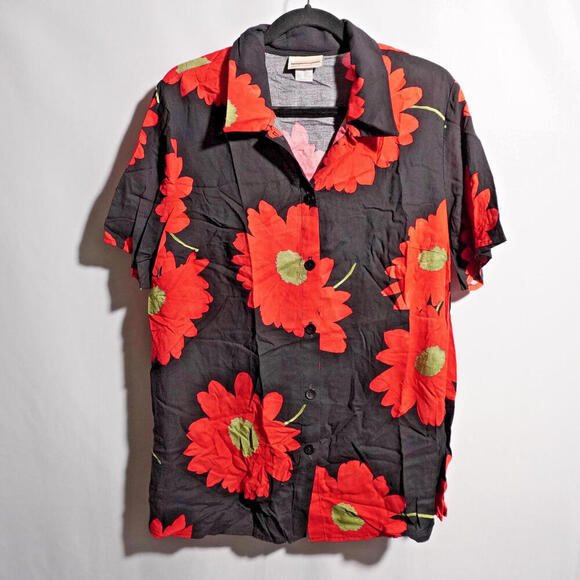 VTG Y2K Black‎ Red Flowers AOP Button Up Top Daisies Rayon Boho Retro Womens 16 - Picture 1 of 5